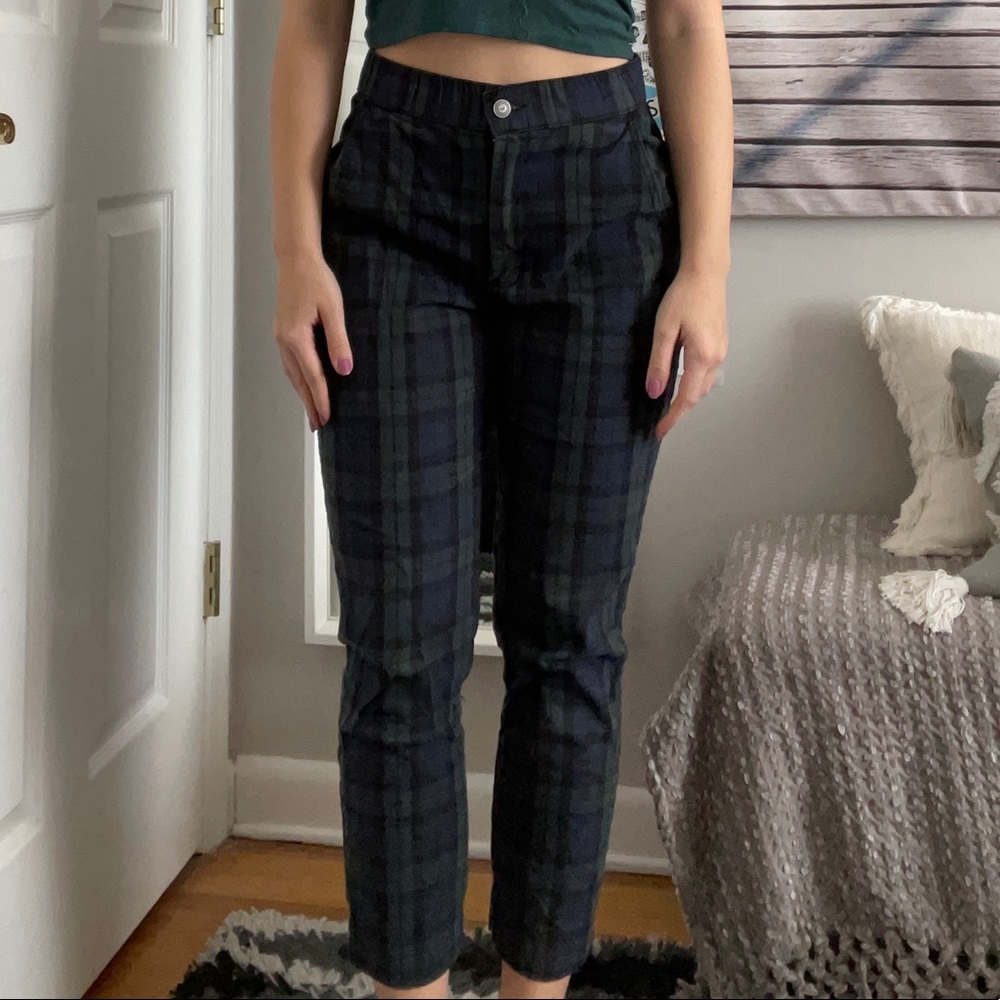 blue and green pattered plaid pants